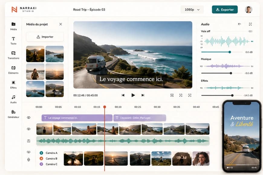 Aperçu du studio Narraxi avec bibliothèque média, montage multipiste, audio et multicam